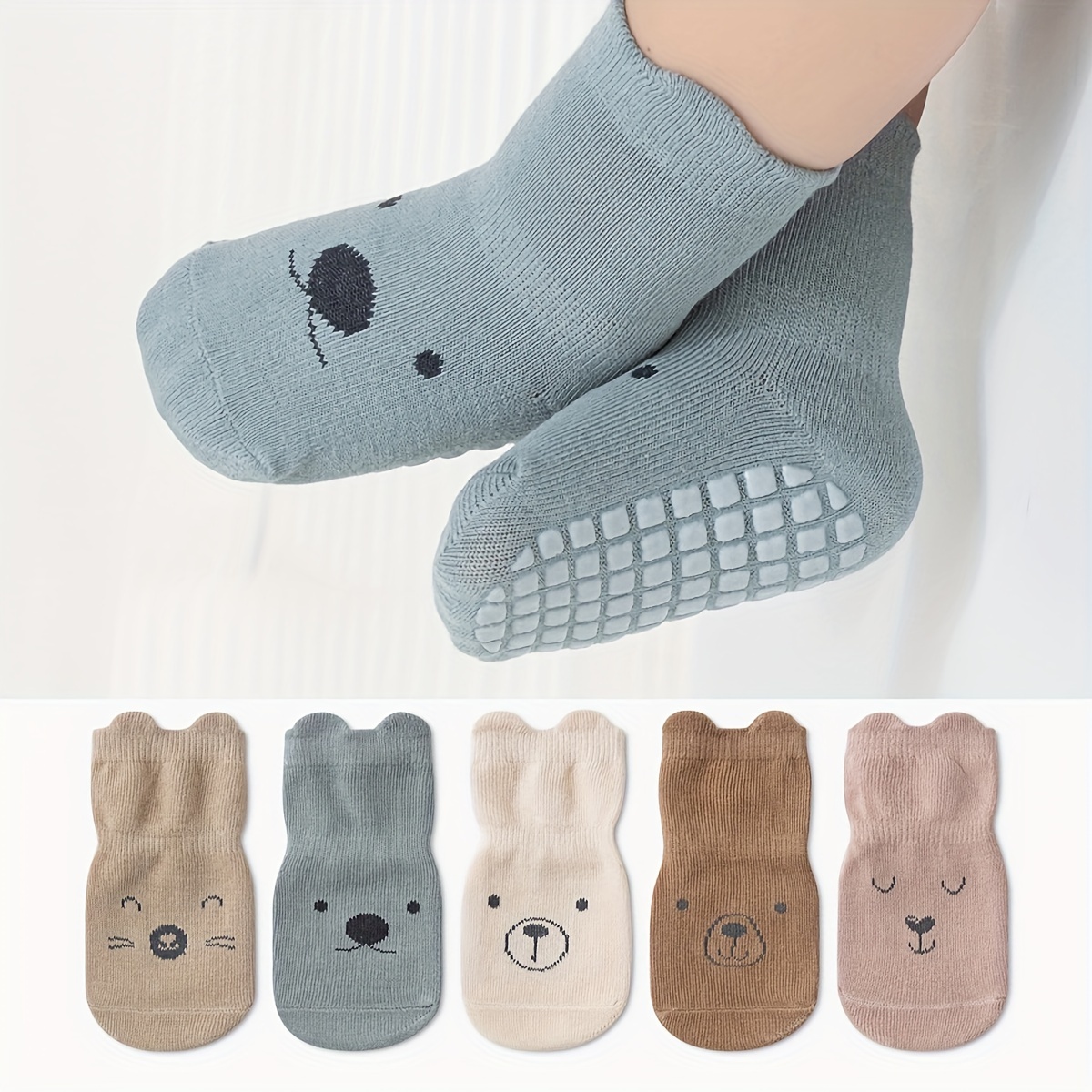 

5 Pairs Toddler Baby Random Color Non-slip Socks Large Area Adhesive Non-slip Socks, Cute Baby Socks With Grips Crew Socks Floor Socks