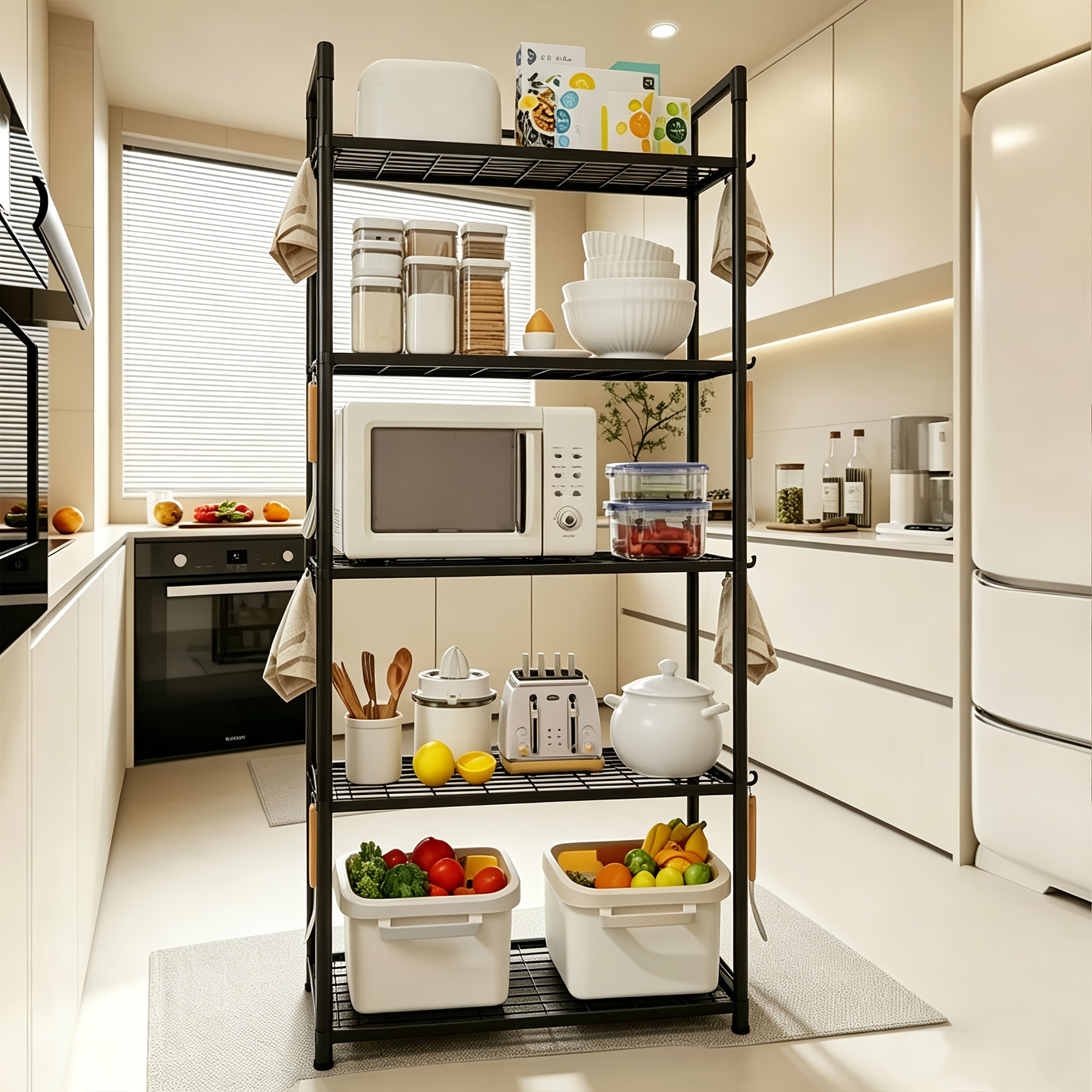5-tier Small Kitchen Storage Rack, Black Multi-functional Storage Rack, Microwave Oven Rack, Utility Racks