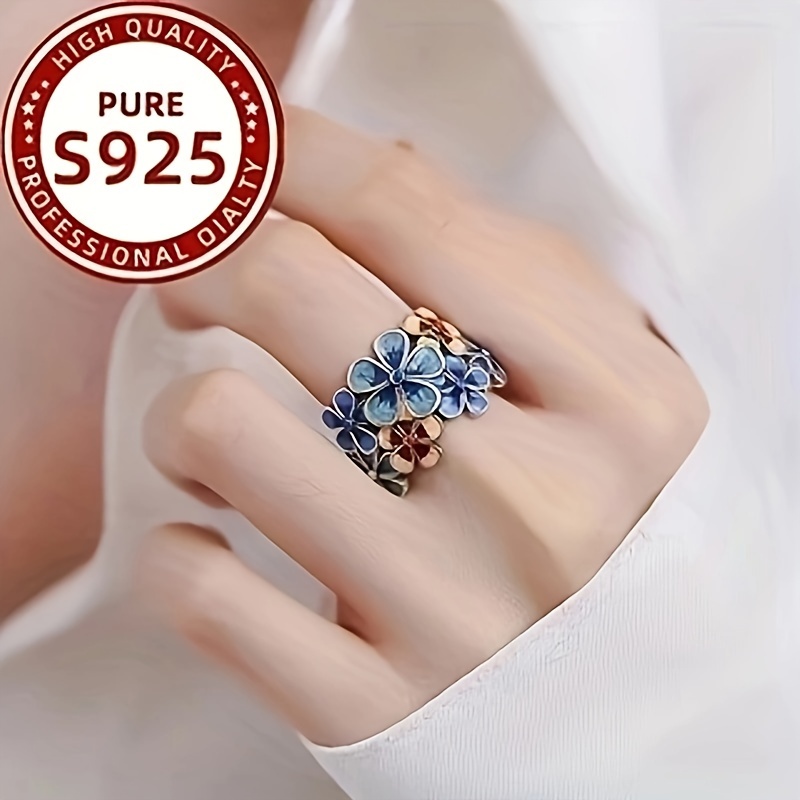 

925 Women's Silver Enamel Ring With Colorful Flowers And . Vintage Ethnic Style Handmade Women's Ring