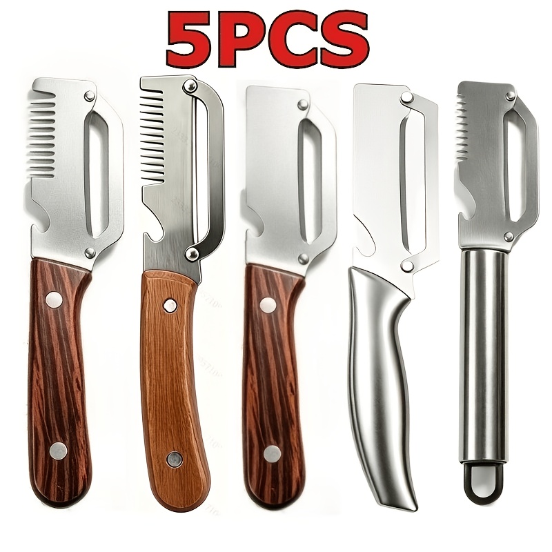 TEMU 5pcs Heavy-duty Multifunctional Peeler Set (right-handed Design) Features A Built-in Scallion And Bottle Opener, Plus An Ergonomic Non-slip