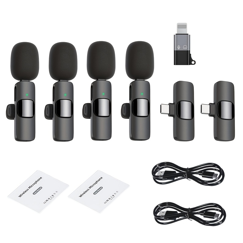 TEMU Kit de microphone de cravate fil : 4 microphones + 2 récepteurs + 1 adaptateur