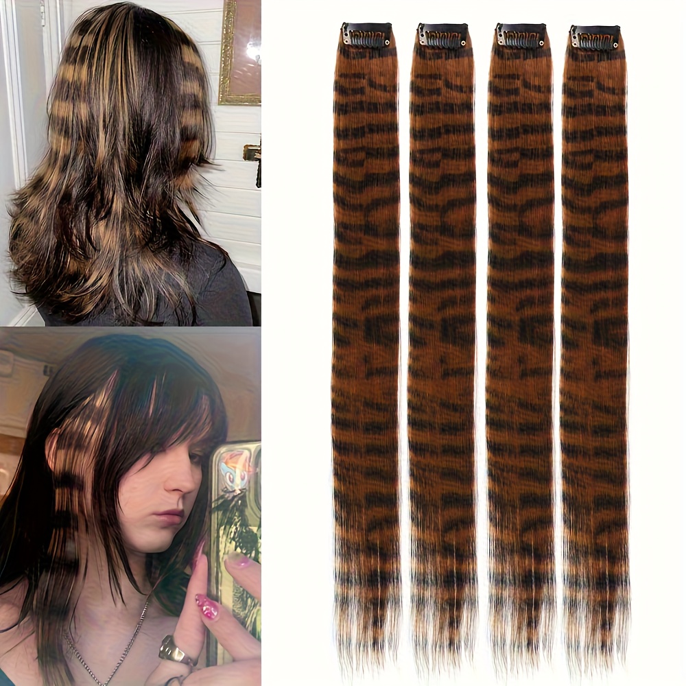 TEMU 20 Inch Synthetic Hair Clip With Leopard Print Hair Extensions, Solid Color Mixed Color, Suitable For Women's Wigs, Halloween Role-playing Party
