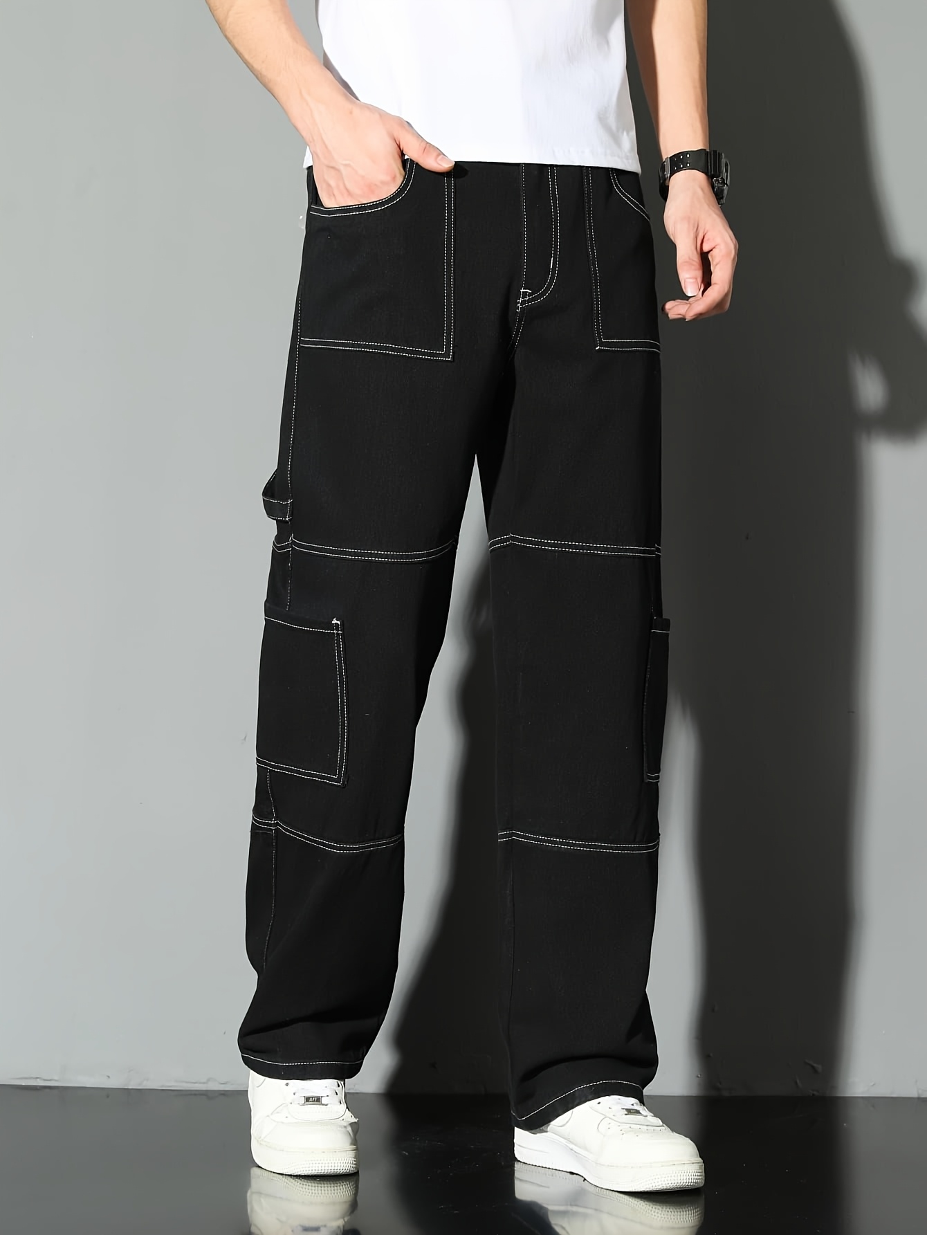 black baggy cargo jeans men sold on Temu United States
