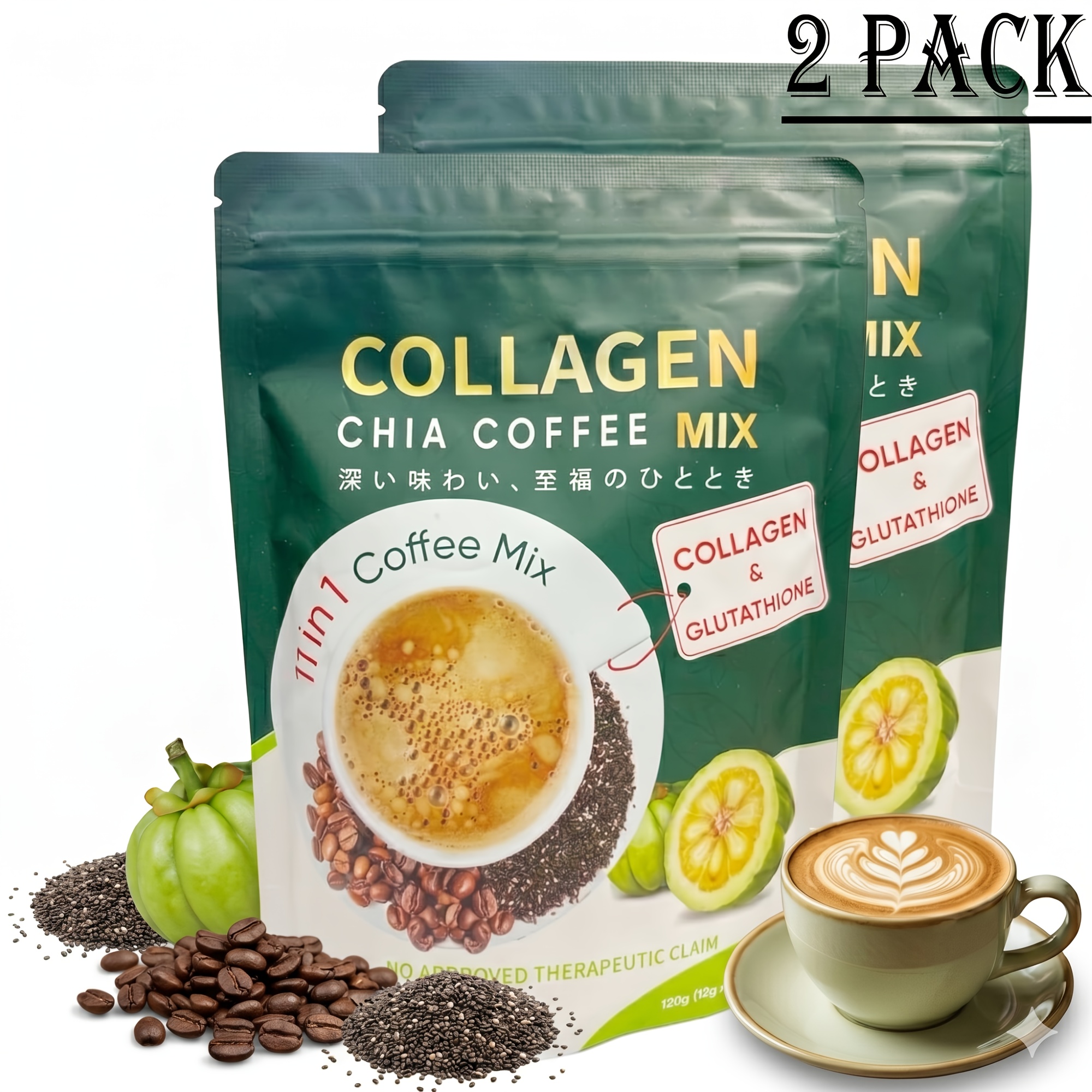 TEMU 2 Pack 20x Collagen Chia Coffee, 11 In 1 Chia Coffee Mix With Collagen & Chia Seeds, Goji Berry, Supports Hair, Skin & Nails, Sugar Free, -