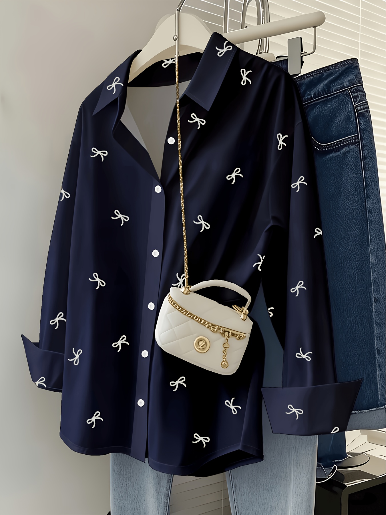 bow   lapel long sleeved womens shirt casual wear   small bow print shirt womens loose and thin design shirt spring and summer commuting casual age reducing   matching