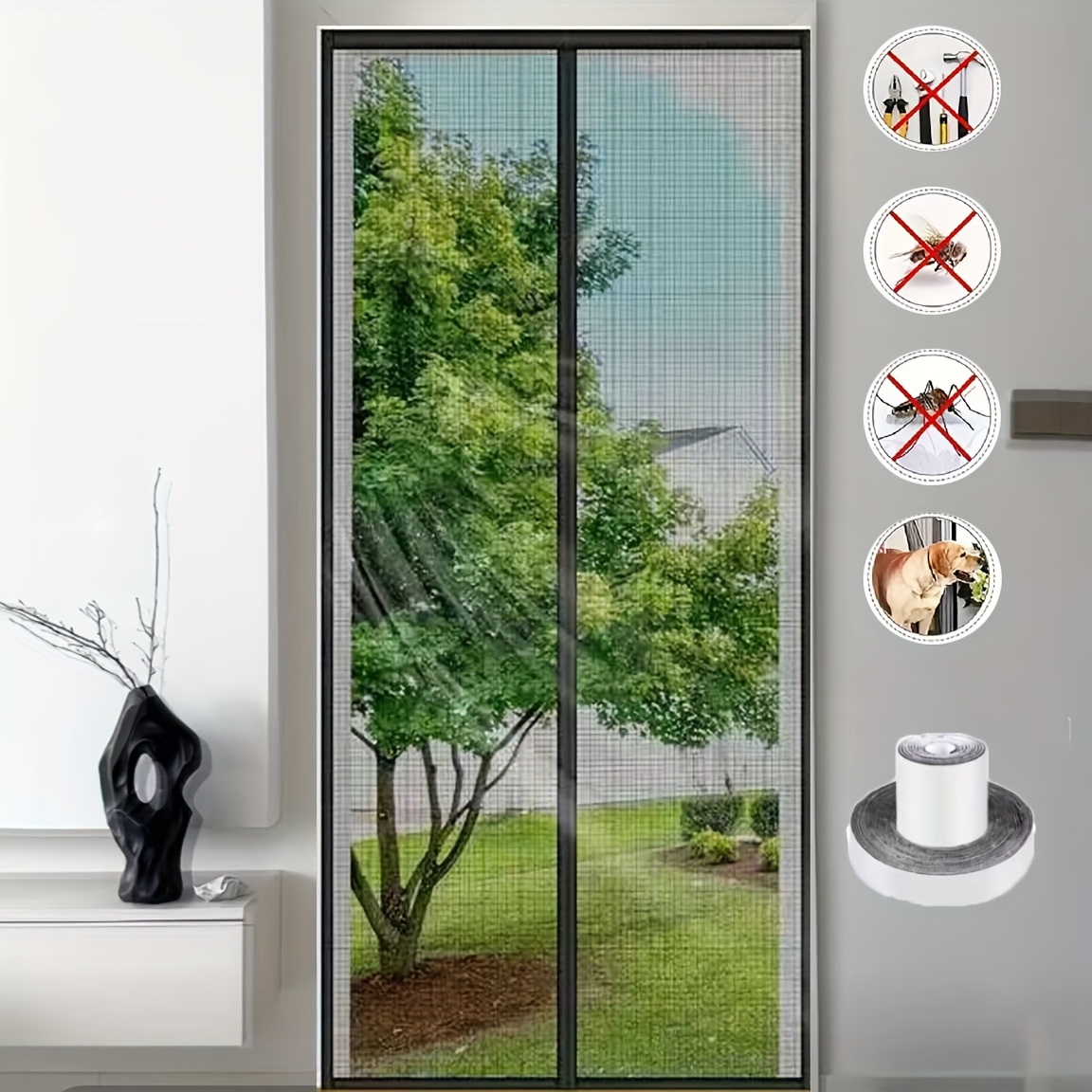 Magnet-Fliegengittertür 80x250 Cm – Selbstschließend, Klebemontage Ohne Bohren, Für Balkon-, Schlafzimmer- & Innentüren (schwarz)