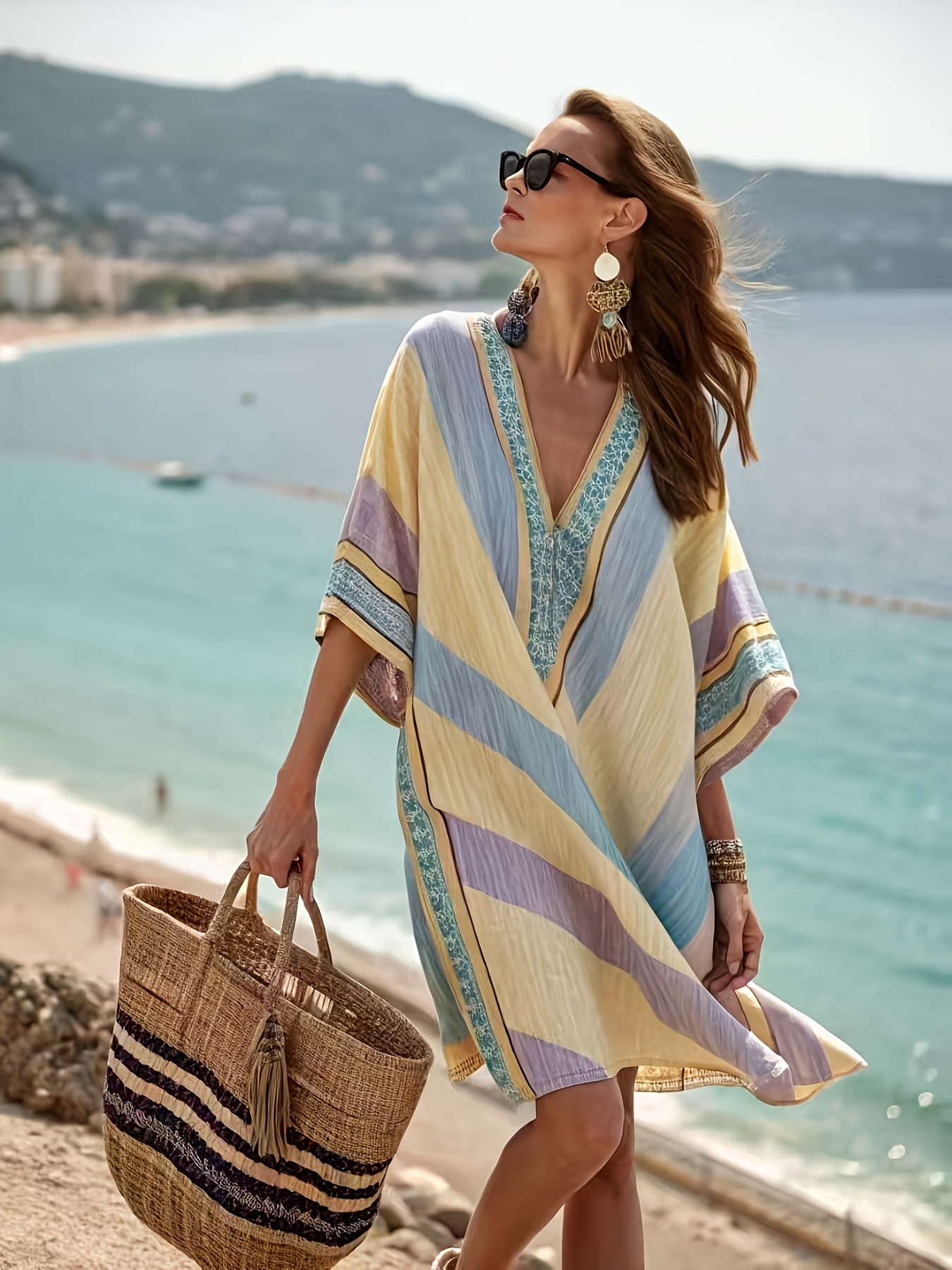 beach kaftan dresses uk Turquoise Multi Print Silky Soft Midi Length Kaftan Day and Beach Dres –  Amilu main image 0