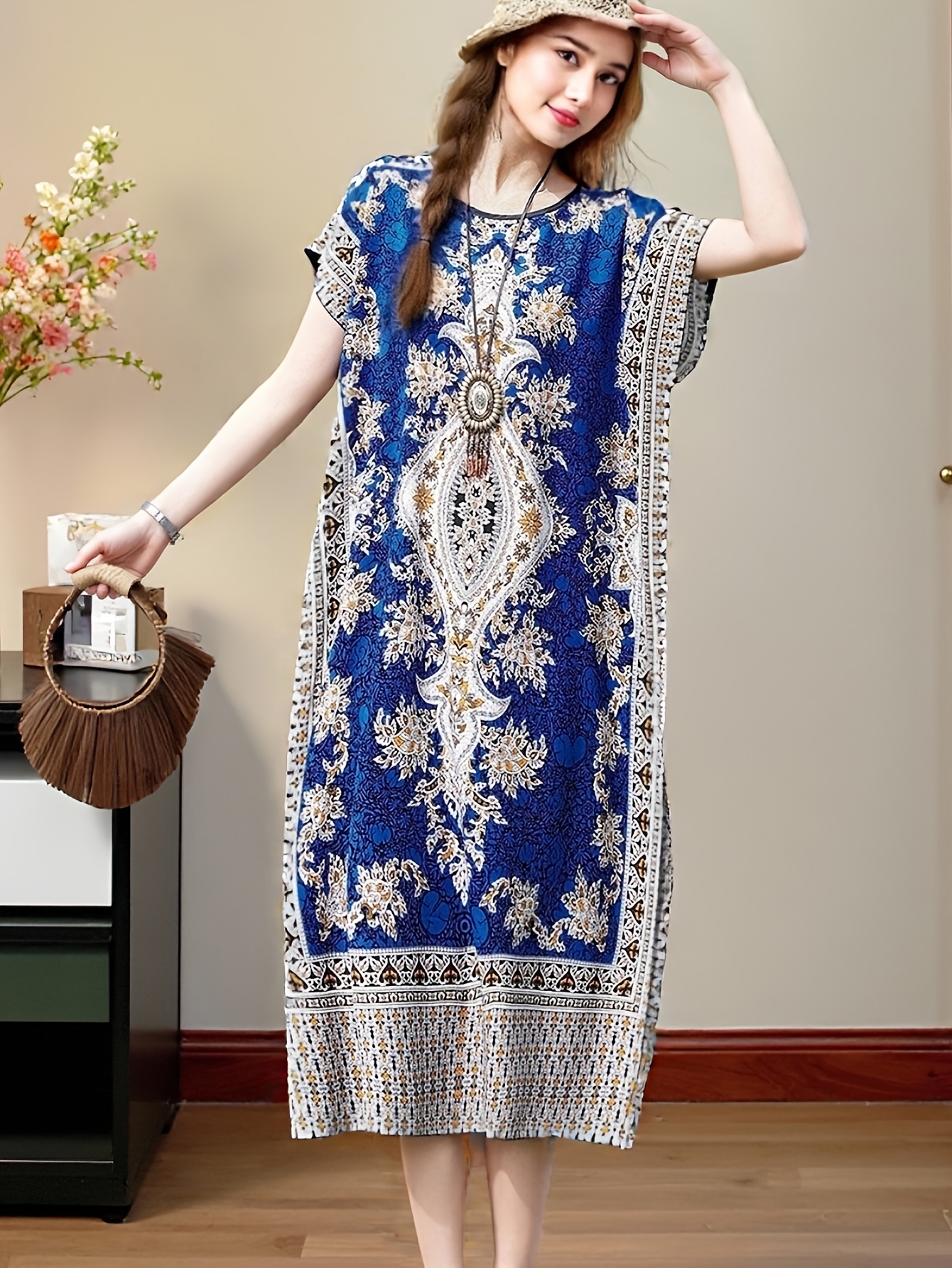 10 Colors * Summer Round-neck Thin Women's Printed Dress, Plus Size Loose  Midi Boho Beach Vacation Dress, Batwing Sleeve Casual Comfortable Straight  Skirt