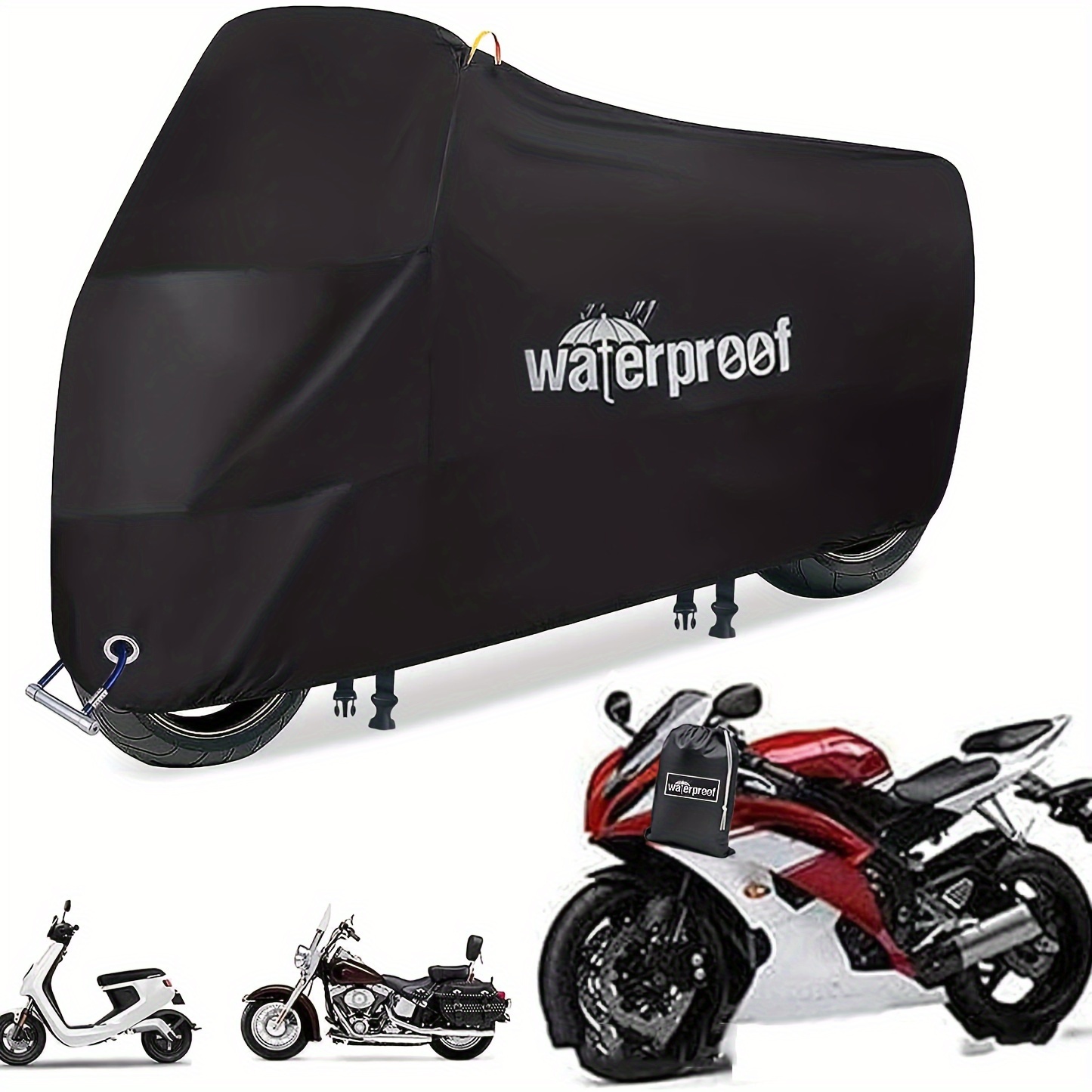 

Premium Waterproof Motorcycle Cover With Reflective Safety Straps, Lock-holes & Storage Bag - 210d Polyester Protection For Bike Models, Windproof & Heat Insulated, Motorcycle Storage