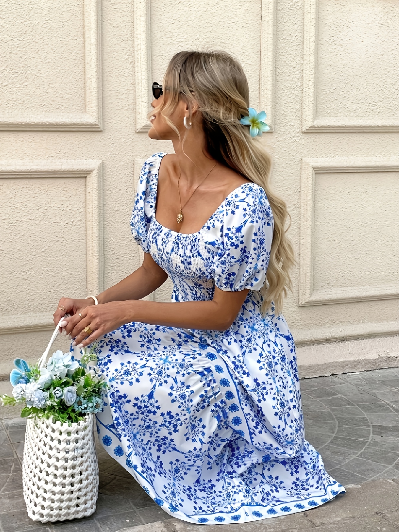 women's elegant floral shoulder maxi dress blue Temu Oman