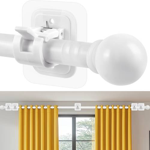 à rideaux perçage pour fenêtres lot de 32 à 64 pouces, tringle drapey adaptée aux locataires avec 5 supports de tringle perçage, longues extérieures pour fenêtres avec porte-tringle adhésif blanc