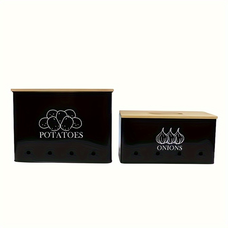 

Potato And Onion Storage Bin, 2 Pack Metal Storage Canisters For Vegeatables With Bamboo Lid, Large Potato Onion Kitchen Storage Canisters, Black