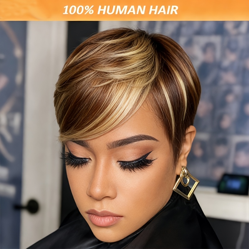 TEMU Women' Short Straight Human Hair Wig With Bangs & Blonde Highlights Suitable For, /blonde P4/27 Color, 180% Density Non-lace Wig For Daily Wear & Party Haircut Wigs For /european