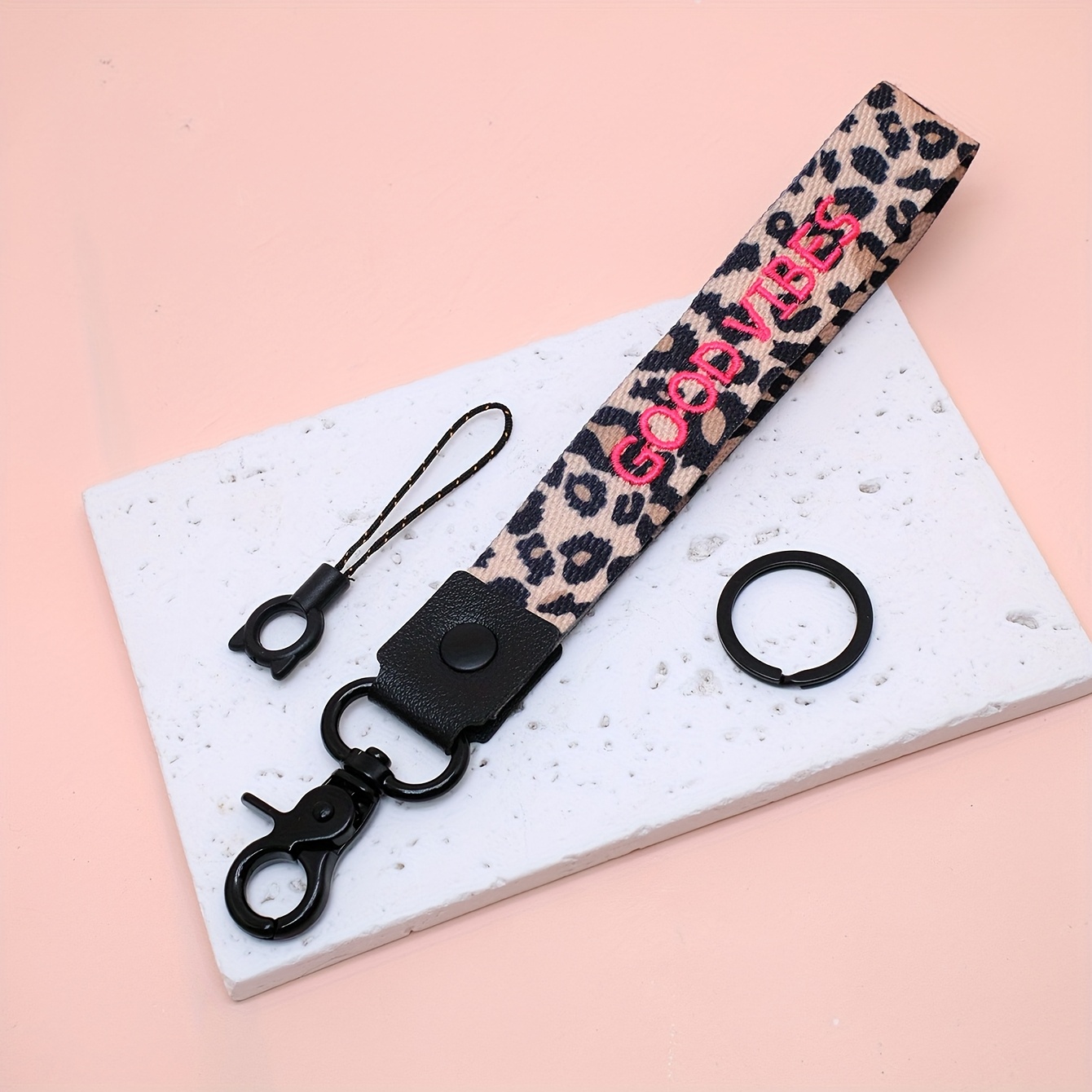 Image of 3pcs Leopard Print Embroidered Letter Phone Strap Anti-loss Wristband Bag Charm Multi-functional Keychain For Women, Best Friend, Holiday Gift