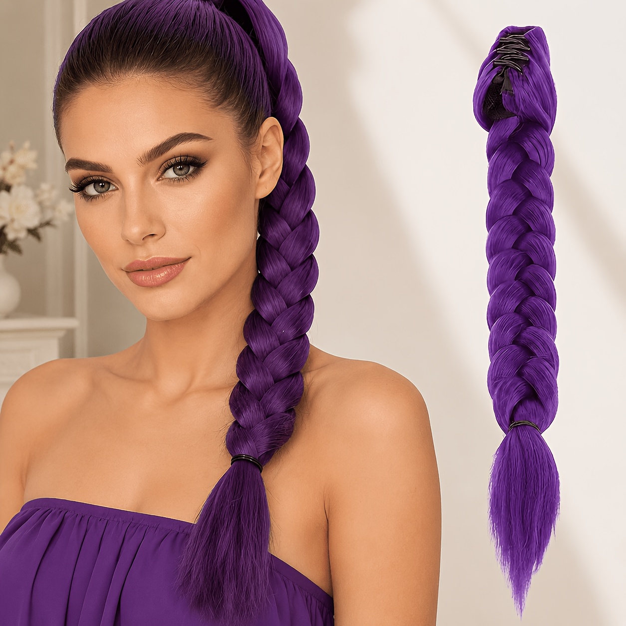 TEMU Kpop Purple Long Hair Fishtail Braid Hairpin Ponytail Synthetic Wig | High Temperature Resistant Fiber, Curly Waves, Suitable For Adult Women, ,