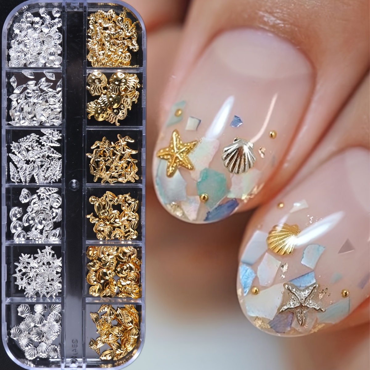 

Full Beauty Sea-themed Nail Art Studs, 12 Grids, Golden & Silver 3d Metal Charms, , Starfish, Seahorse, Jellyfish, Conch, Alloy Decorations, Mixed Rhinestone Diy Supplies, -free