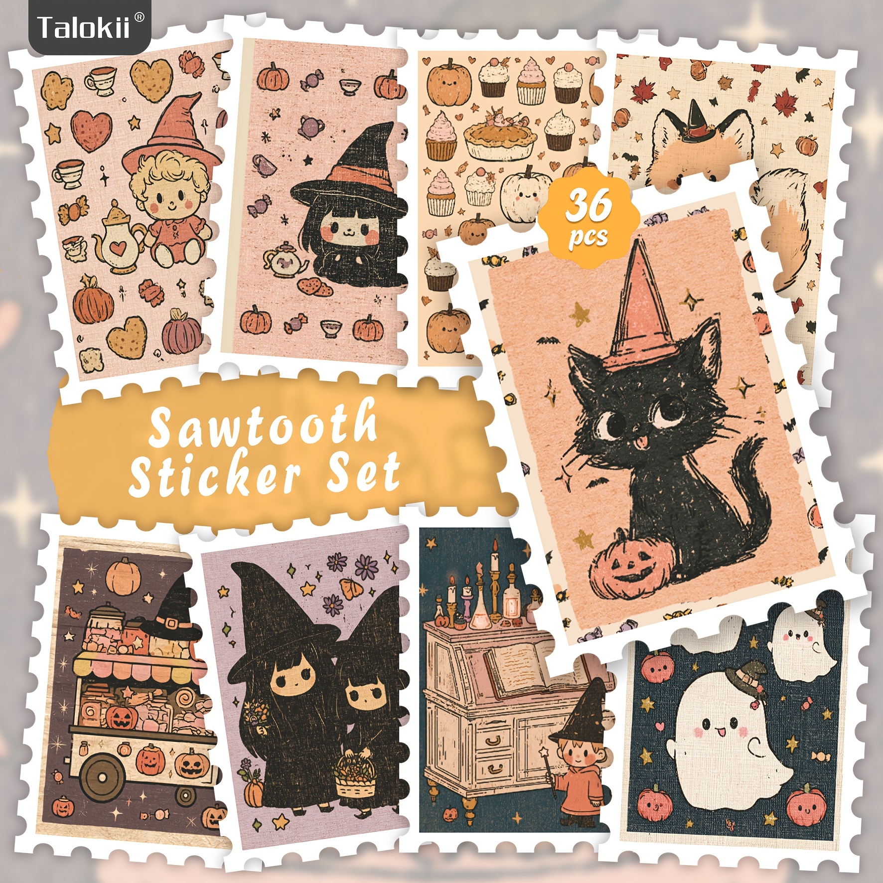 TEMU 36pcs Vintage Halloween Themed Sticker Set, Cute Witch Cat Pumpkin Sticker Set For Scrapbooking, Journaling, Laptop, Water Bottle, Phone Case,