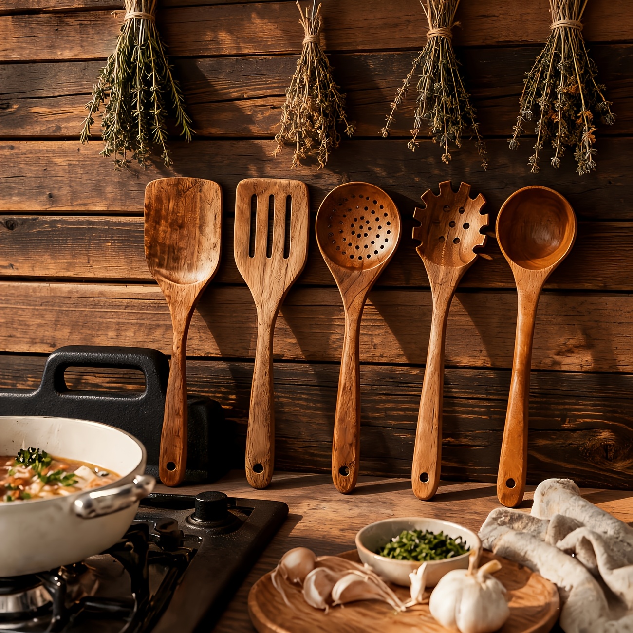 TEMU 5pcs Natural Kitchen Utensil Set, Long Handle Solid Wood Spatula And Fork, Cooking Tools For Home And Camping