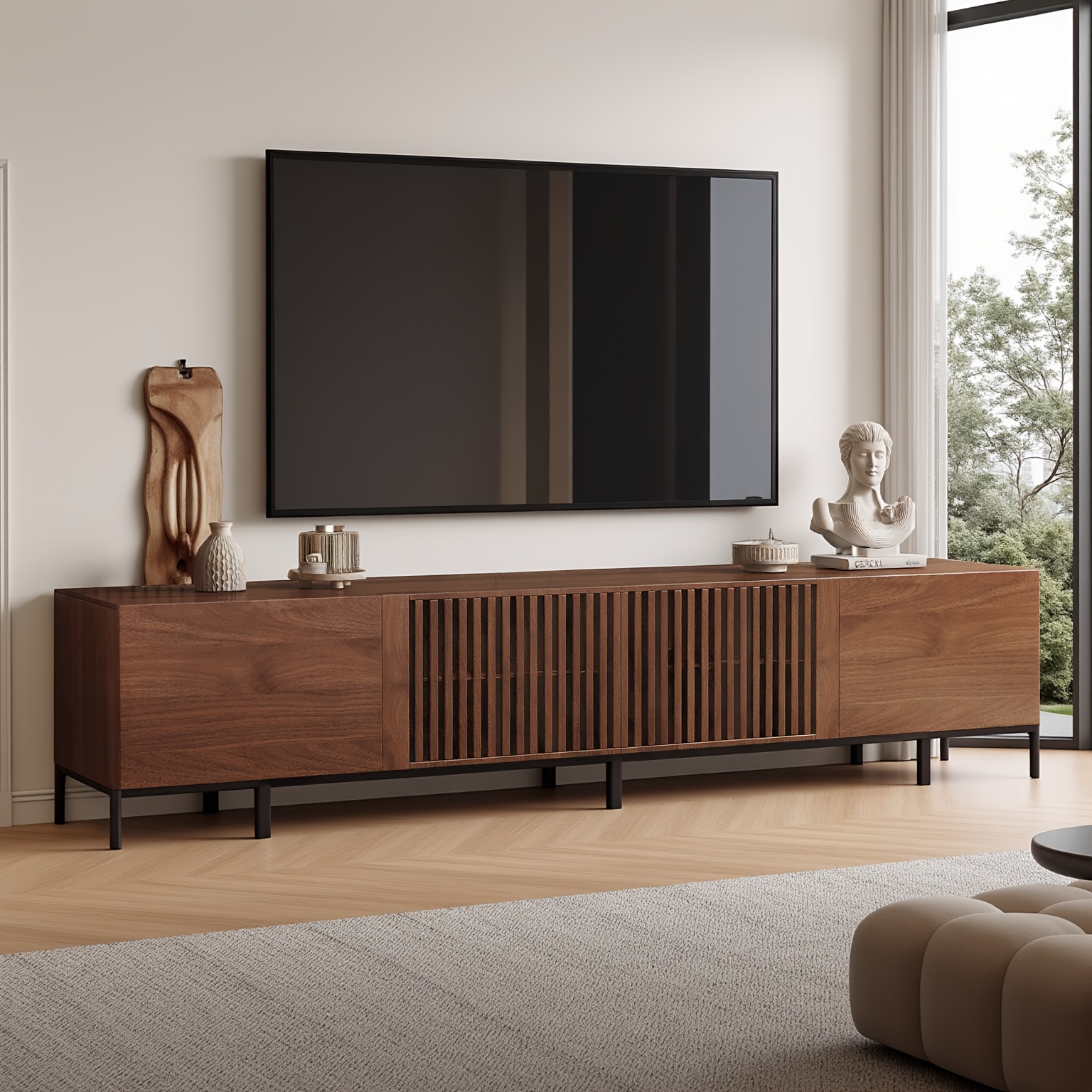 Image of A Spacious Walnut Tv Stand From Bensorefurniture, Measuring 180cm, Designed For 75-inch Televisions, Showcasing A Contemporary Design That Fits Well In Living Areas And Bedrooms