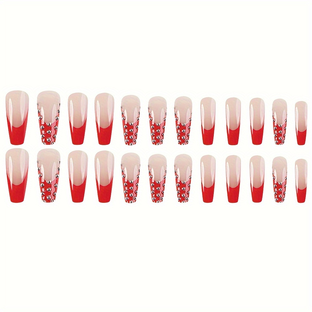 y2k glossy long coffin nails pink red french style - Temu