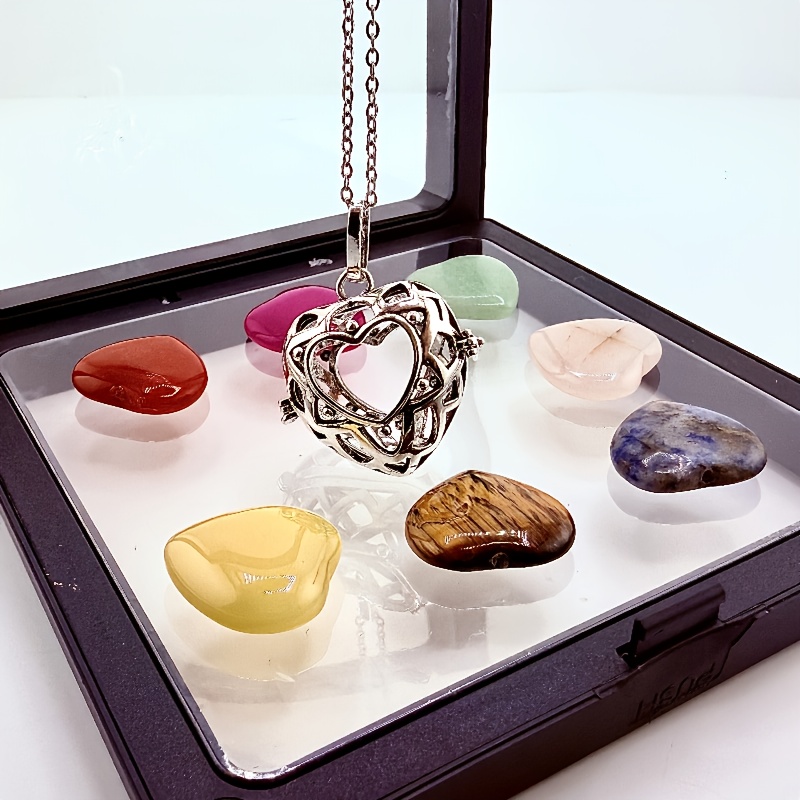 TEMU 7pcs Natural Stone Heart Pendant Necklace - Bohemian Multi-stone Jewelry With Eye, , Rose Quartz, Green Dongling, & Lock Charm - Diy Charm
