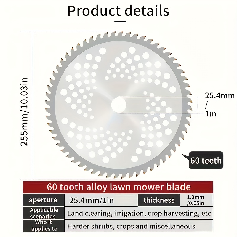60 tooth alloy lawn mower blade durable and sharp for land clearing irrigation crop harvesting and more suitable for harder shrubs crops and miscellaneous use details 3