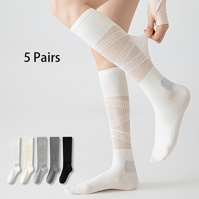 TEMU 5-pair Women's Breathable Knee-high Compression Socks With Graduated Pressure, Calf Support & Anti-slip Cushioned Sole - Suitable For Running,