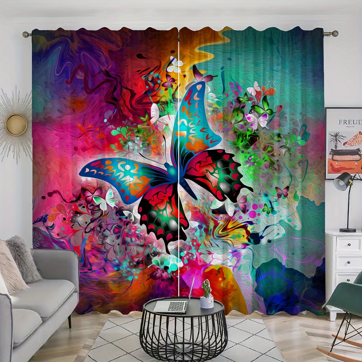 

2pcs, Colorful Butterfly Printed Curtains, Rod Pocket Curtain, Suitable For Restaurants, Public Places, Living Rooms, Bedrooms, Offices, Study Rooms, Home Decoration