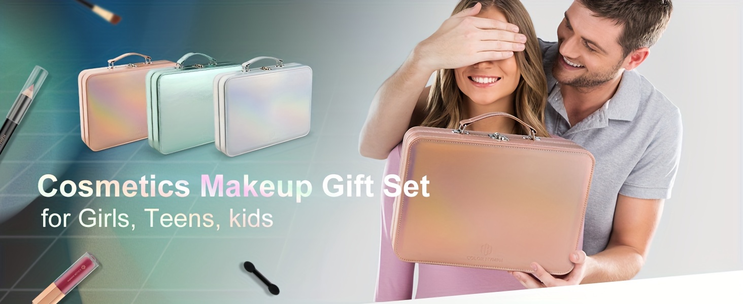 Conjunto de maquiagem All In One para meninas de todas as idades, kits de maquiagem para adolescentes iniciantes com estojo verde, paletas de sombras, blush, gloss labial, delineador, conjunto de presentes de cosméticos para aniversário detalhes 3