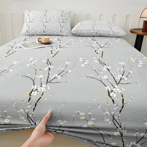 1pc plum print fitted sheet with elastic corners fits deep pocket mattresses suitable for king queen double size beds breathable soft wrinkle resistant fluffy sheet queen size sheet double mattress protector