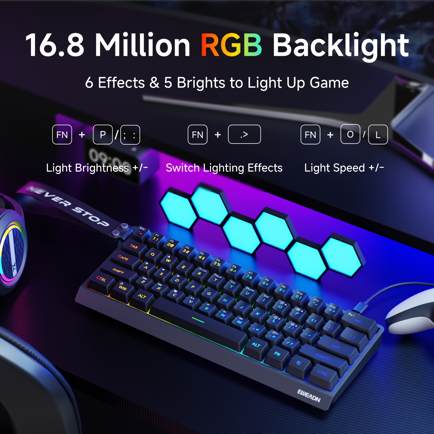 Eweadn 61-key Mini Gaming Keyboard, Wired Type-, Silent Rgb Backlit , Lightweight Aesthetic Keyboard For Laptop, Desktop, Pc, And Office Use