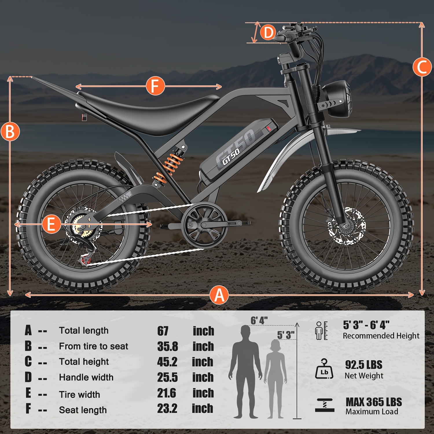 gt50-electric bike for adults teens, 749w   off-road ebike, 27.9mph and 65miles, 20 x 3in portable electric bike, dual suspension and dual brake, commuting ebike with long-seat, 365lbs Product details 7