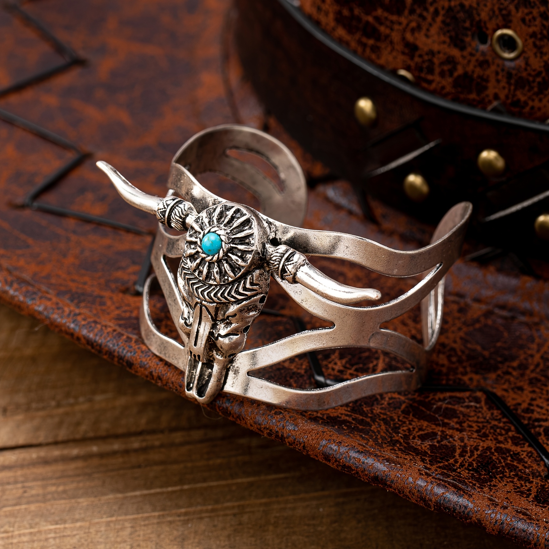 Image of A Western Cowboy Style Distressed Turquoise Openwork Wide Metal Bangle, Exaggerated Fashion Open Cuff Bracelet For Women, Ideal For Gifting
