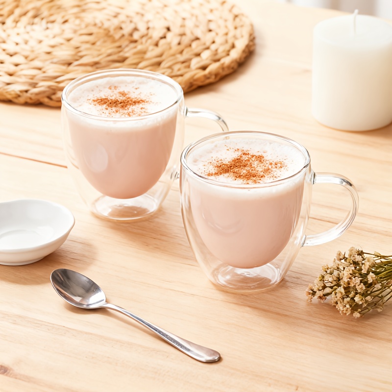 Juego de 2 vasos de pared doble de 250 ml (8.45 oz) con asas, vasos de espresso de vidrio aislado transparentes adecuados para lattes, cappuccinos, bolsitas de té y bebidas frías y calientes