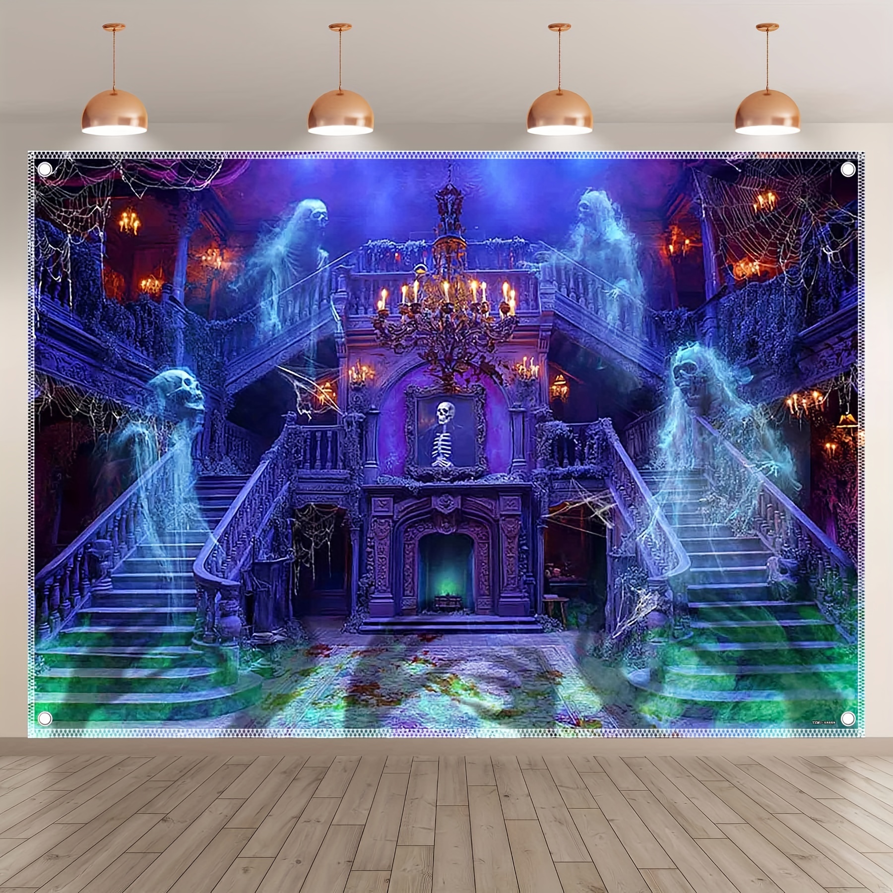 TEMU 1pc UUFelice Gothic Halloween Haunted House Photography Backdrop - de violet avec escaliers sinistres et décoration de crânes,