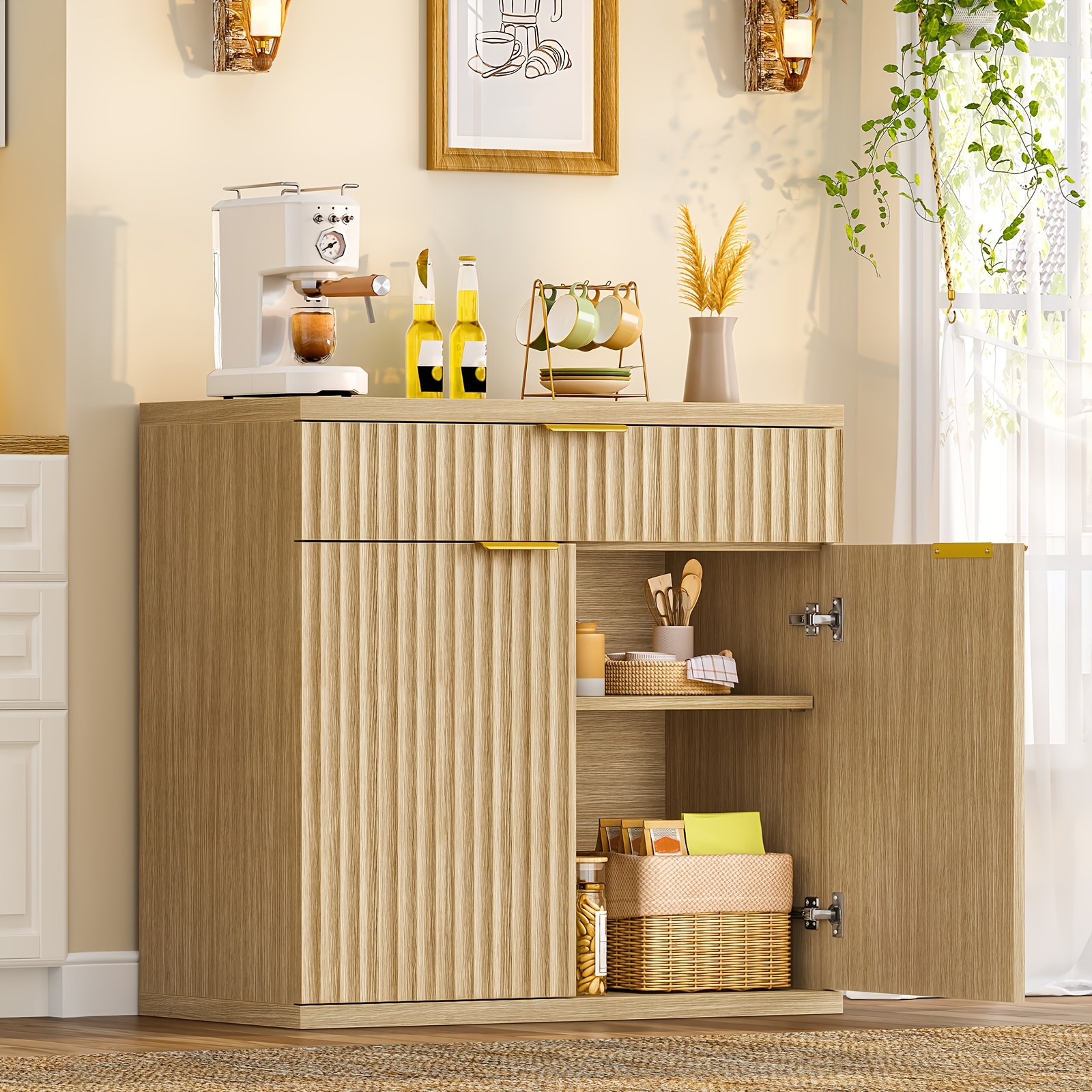 Fluted Buffet Cabinet With Storage, Sideboard Cabinet, Coffee Bar Cabinet With 2 Doors And Adjustable Shelf For Living Room, Kitchen, Entryway, Natural