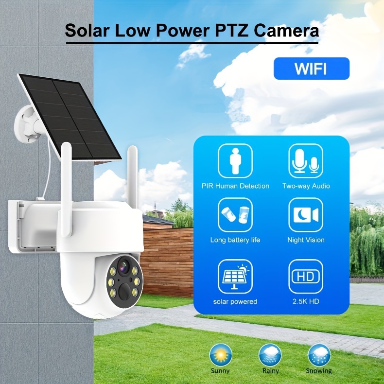 Solar Powered Smart Home Security Camera 2K Wi-Fi PTZ 355° Pan 90° Tilt 4MP Color Night Vision, PIR Motion Alert, Two-Way Audio, Spotlight, Works with Alexa, Cloud/SD storage, for Smartphone details 0