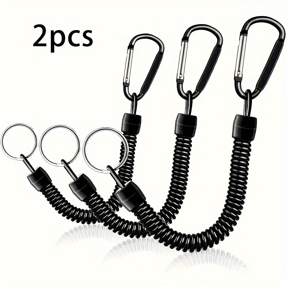 Image of 2pcs Black Elastic Keychain Set With Ring - Extendable Outdoor , 15lb Test Strength, Built-in Steel Wire, Aluminum Alloy, Camping & Hiking