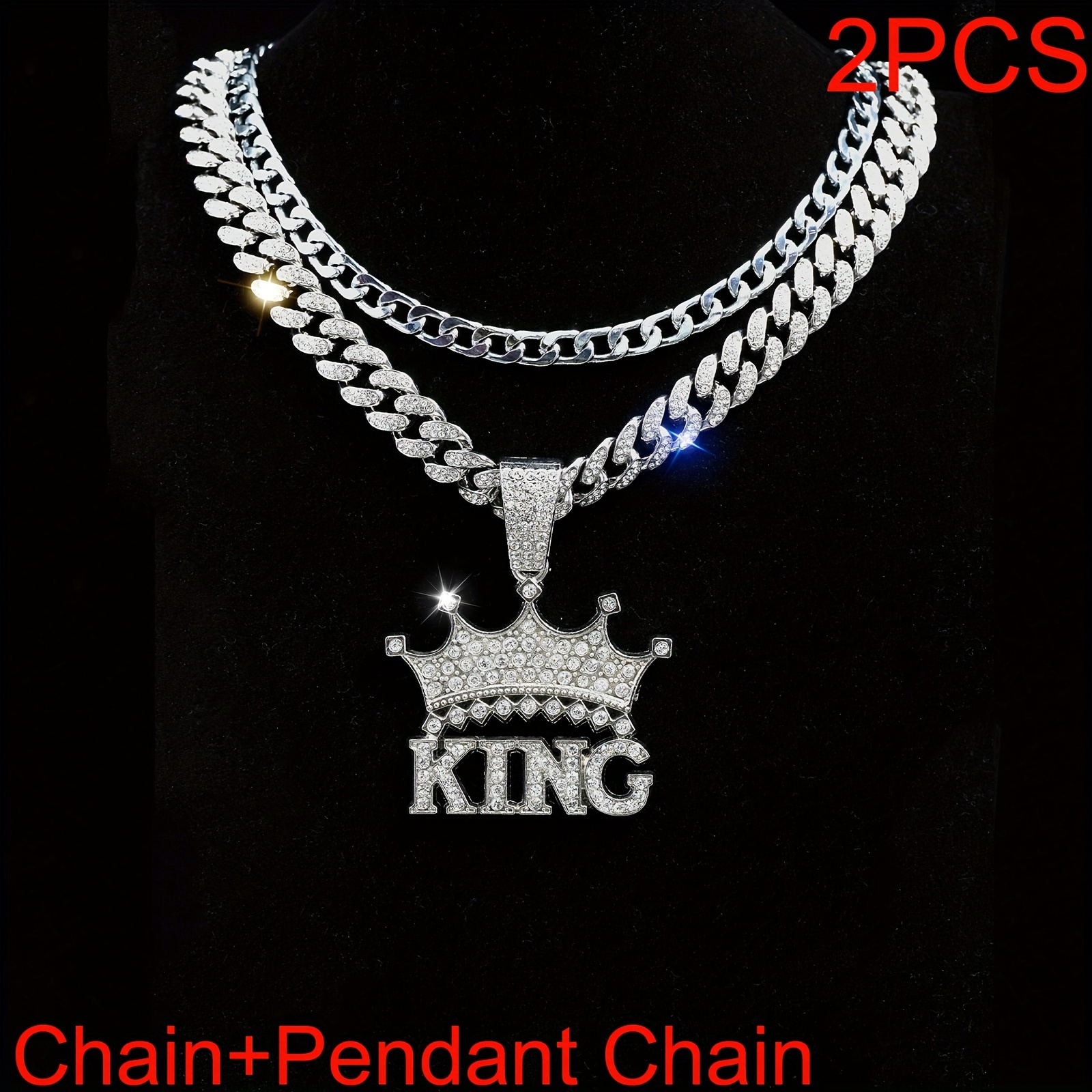 

2pcs Miami New Men's Iced Cuban Necklace Punk Hip Hop Crown King Pendant Necklace Layer Chain Fashion Jewelry As Gift.