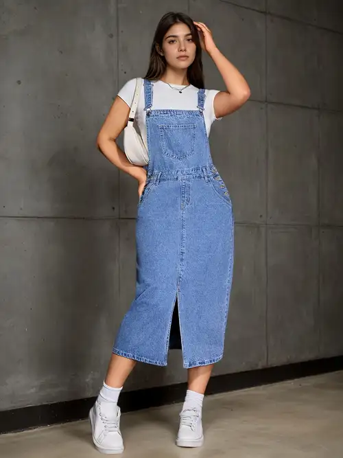 long denim pinafore dress Vintage Western Style Denim dungaree/Overall pinafore Dress
