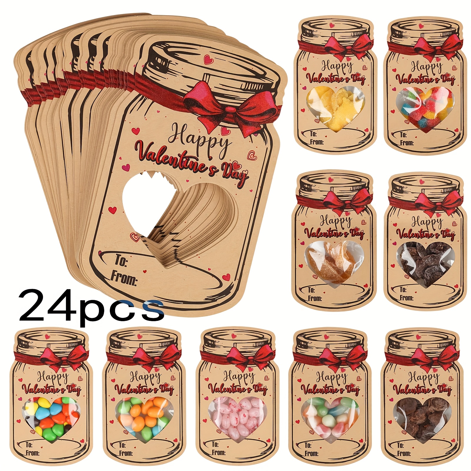 

Valentine's Day 24pcs Mason Jar Gift Tags With Clear Resealable Bags - Party Favors, Candy Treats & Presents, Paper Bags, No Electricity Needed