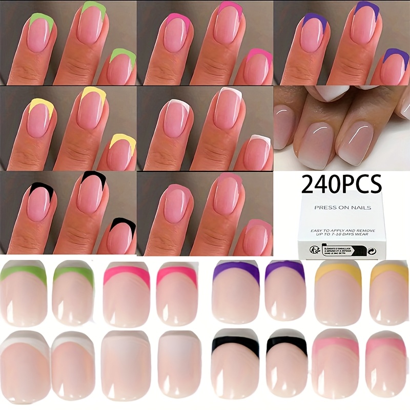 

240pcs Press-on Nails, Short Square Nails, French Nails, Black And White Gradient Nails, 8 Colors Dy Matching Gift