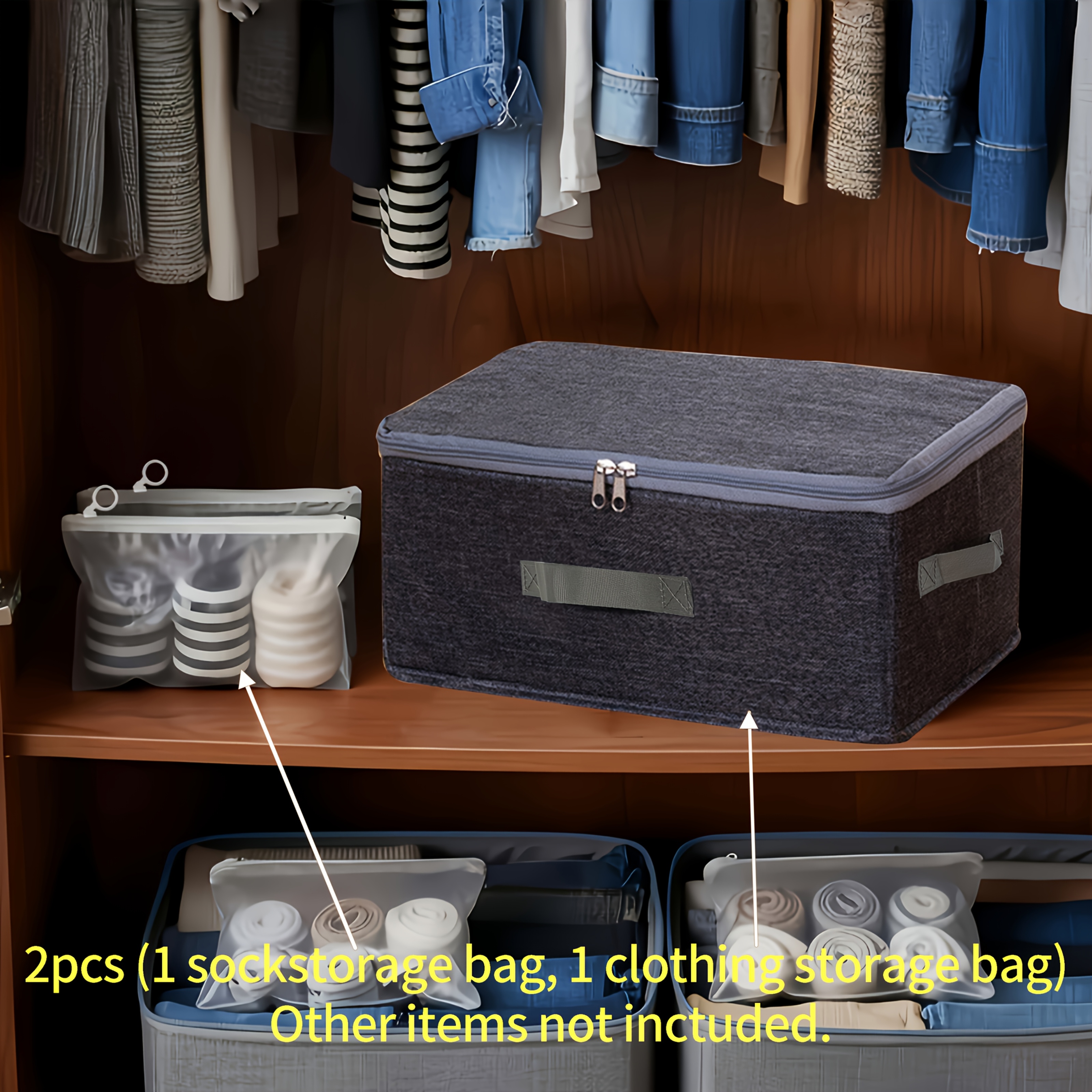 TEMU 2pcs 1 Foldable Large-capacity Storage Box With Lid 1 Zipper Storage Bag Household Wardrobe Storage Box Dustproof And Clothing Quilt Bedding