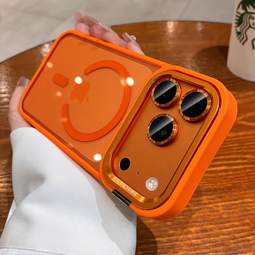 phone case luxurious orange magnetic wireless charging metal lens mount phone case compatible with iphone 17 pro 16 15 14 13 12 pro 17pro 17 with protector acrylic back panel shockproof hd