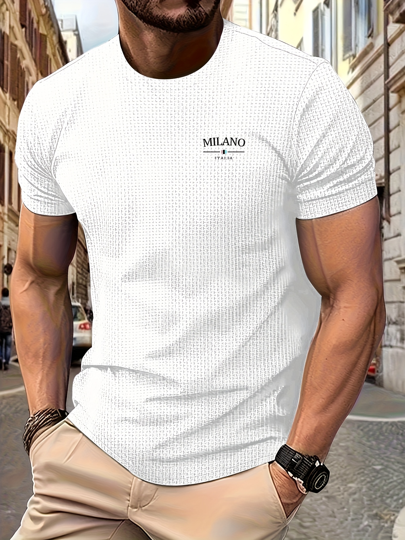 Men's Milan Print Short Sleeve Crew Neck T-Shirt, Breathable Nylon Blend, Comfortable Casual Top for Summer Outdoor Activities & Tennis Training