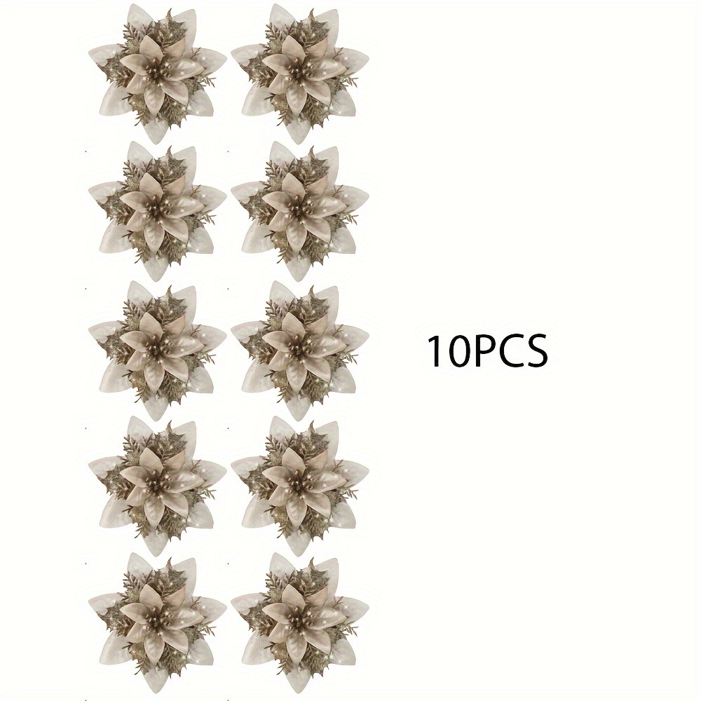 TEMU 10pcs, Glitter Christmas Poinsettia Artificial Flower Ornaments Flowers Decorations And Glitter Poinsettia Christmas Tree Ornaments For Christmas Wedding-champagne Golden