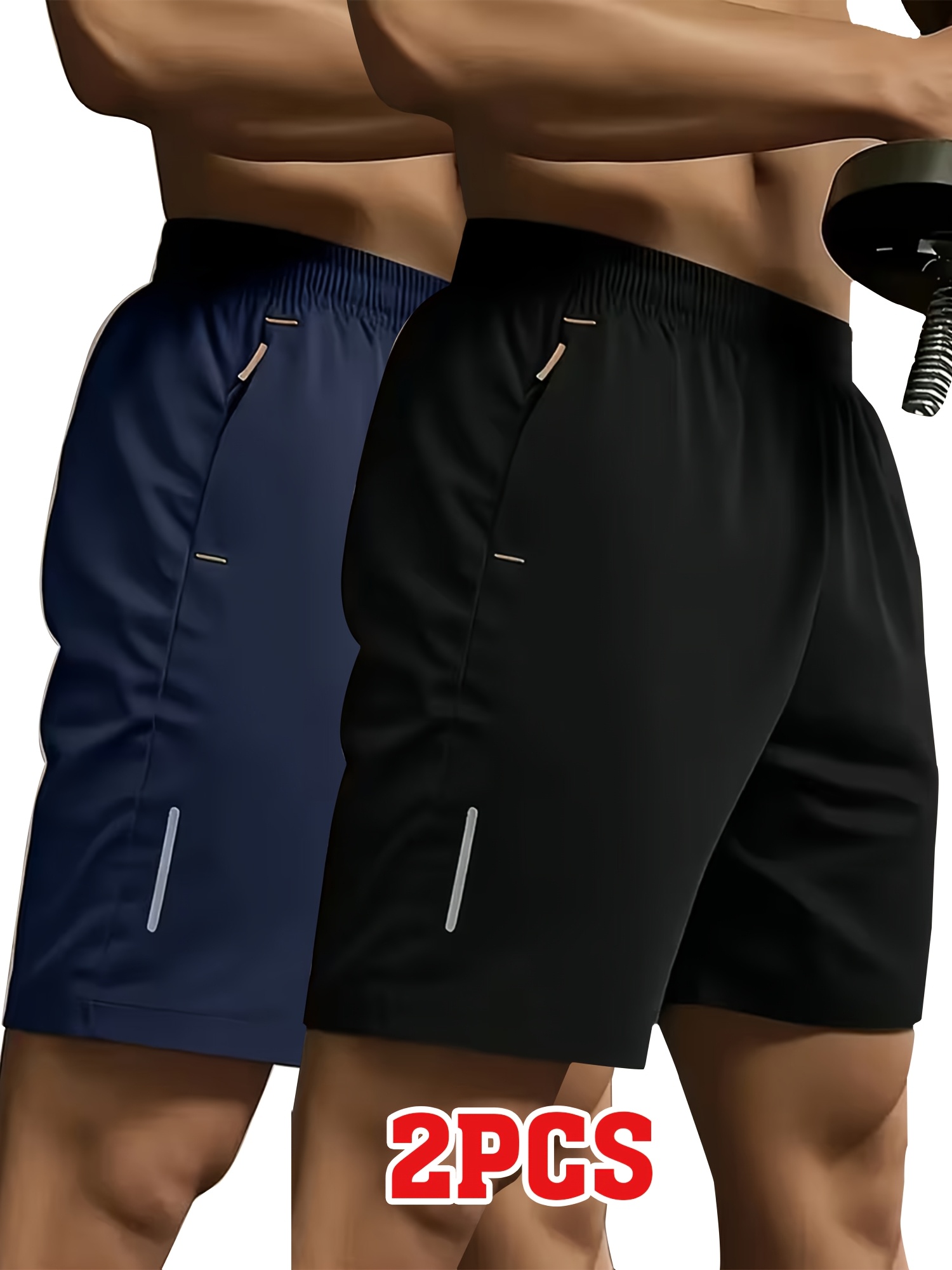 2pcs mixed pc of mens sporty casual shorts with reflective strip print design dual side zipper pockets comfortable breathable polyester fabric multiple colors and combinations   trendy and cool suitable for daily