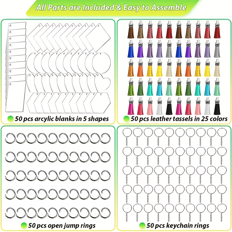 TEMU 200pcs Acrylic Blank Keychains Pendants Kit For Vinyl, Acrylic Keychain Blanks Bulk With 5 Shapes Clear Acrylic Disc Leather Tassel Charms Key