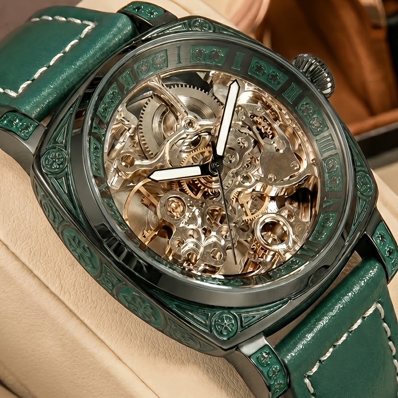 TEMU 1pc Men' Pu Belt Fashionable And Night Light Carving Flywheel Fully Automatic Mechanical Watch, Without Battery