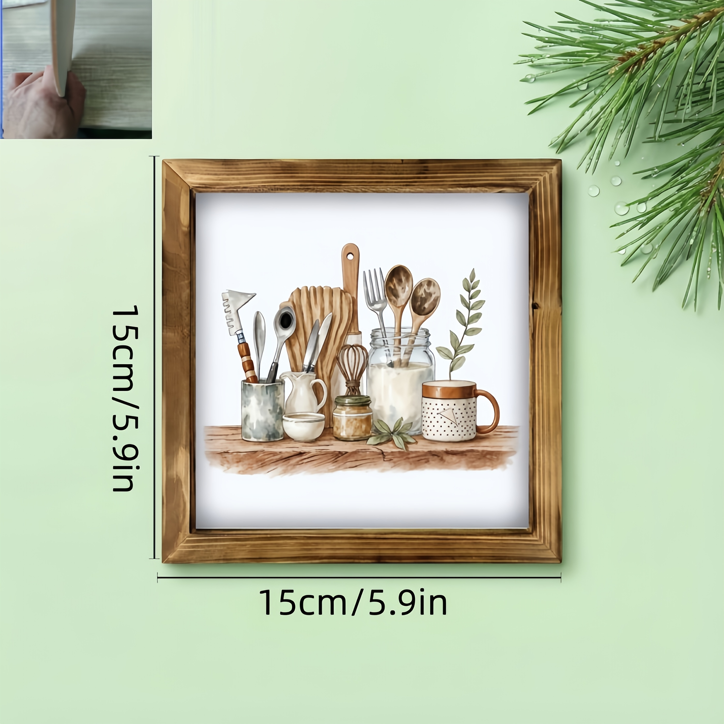 TEMU Art Aquarelle d'Ustensiles de Cuisine Plat 2D, Encadré en Bois - Convient pour la Décoration Murale de Salle à Manger/Cuisine/Salon, Aquarelle